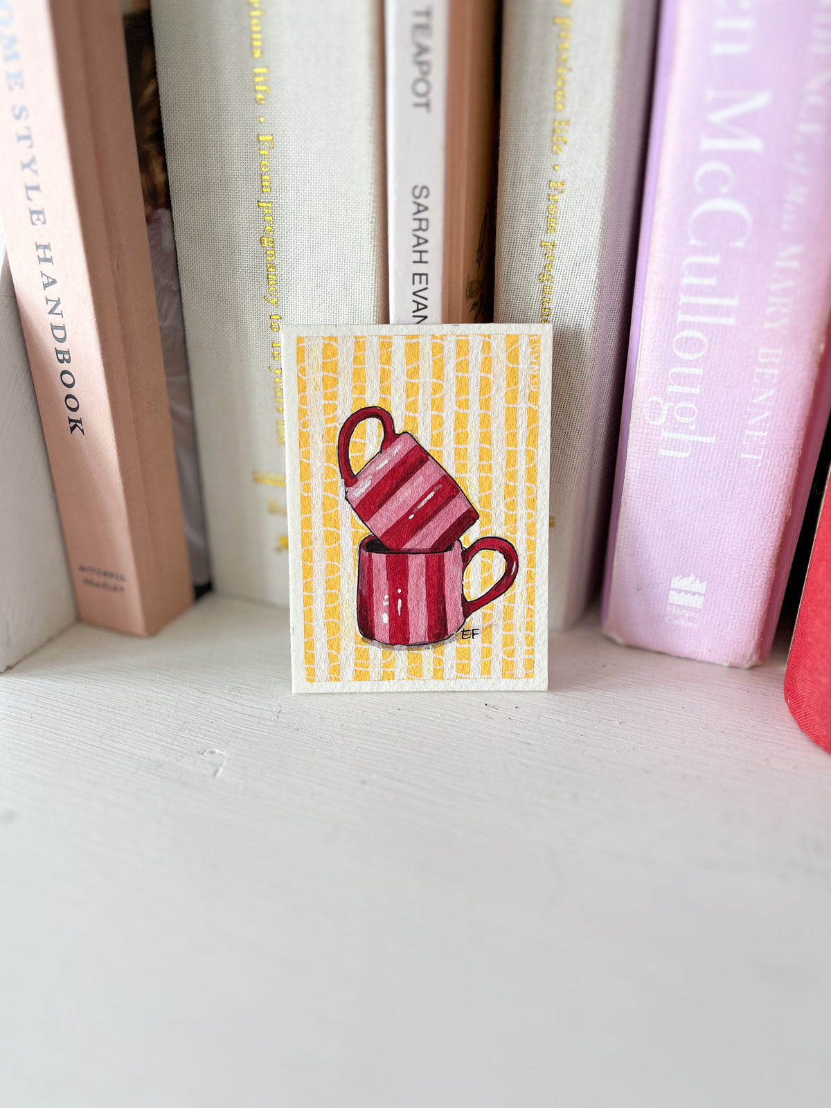 ACEO Original Mixed Media Art Card - Red & Pink Mugs