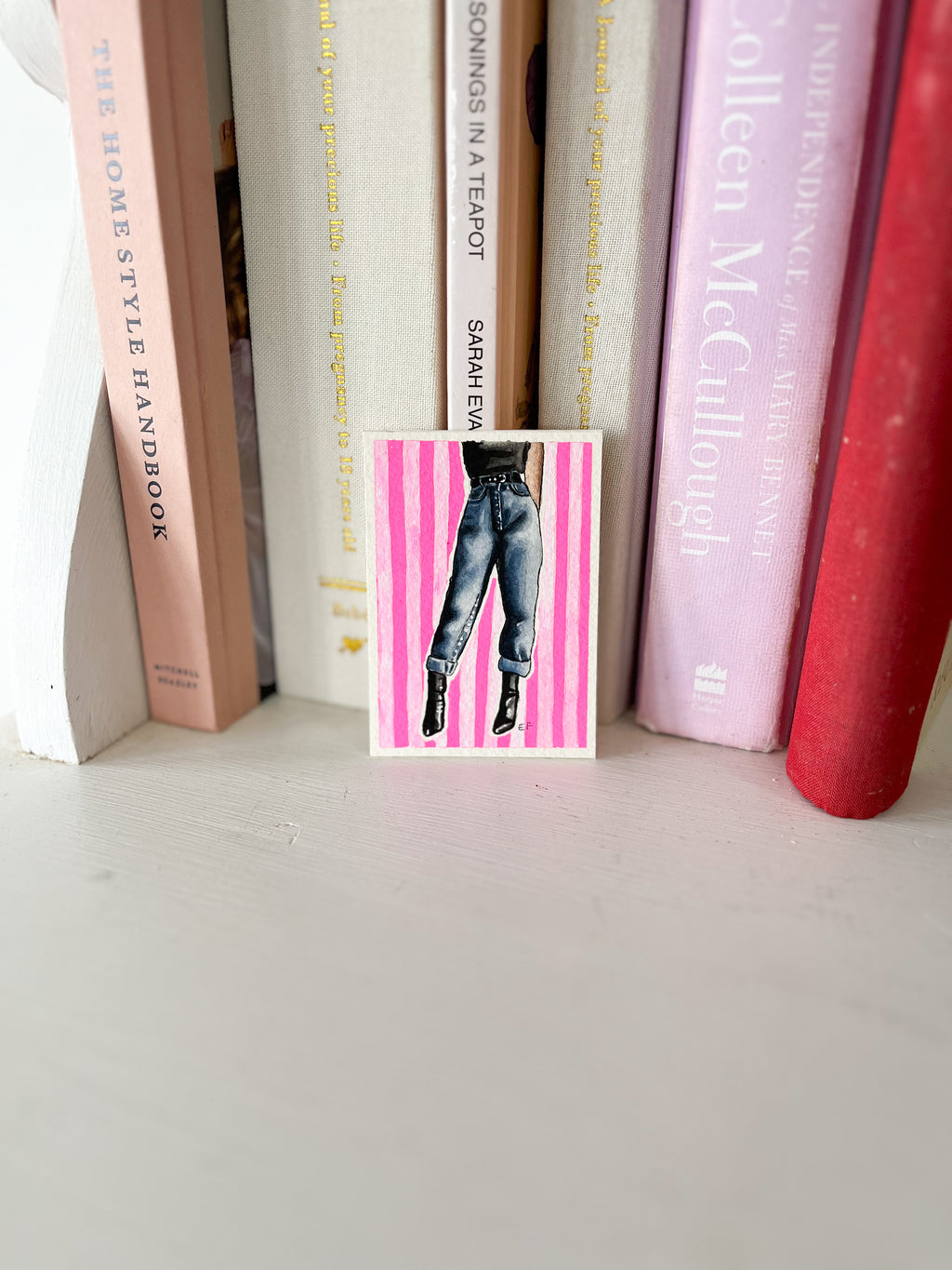 ACEO original mixed media art card - Jeans & fluro pink
