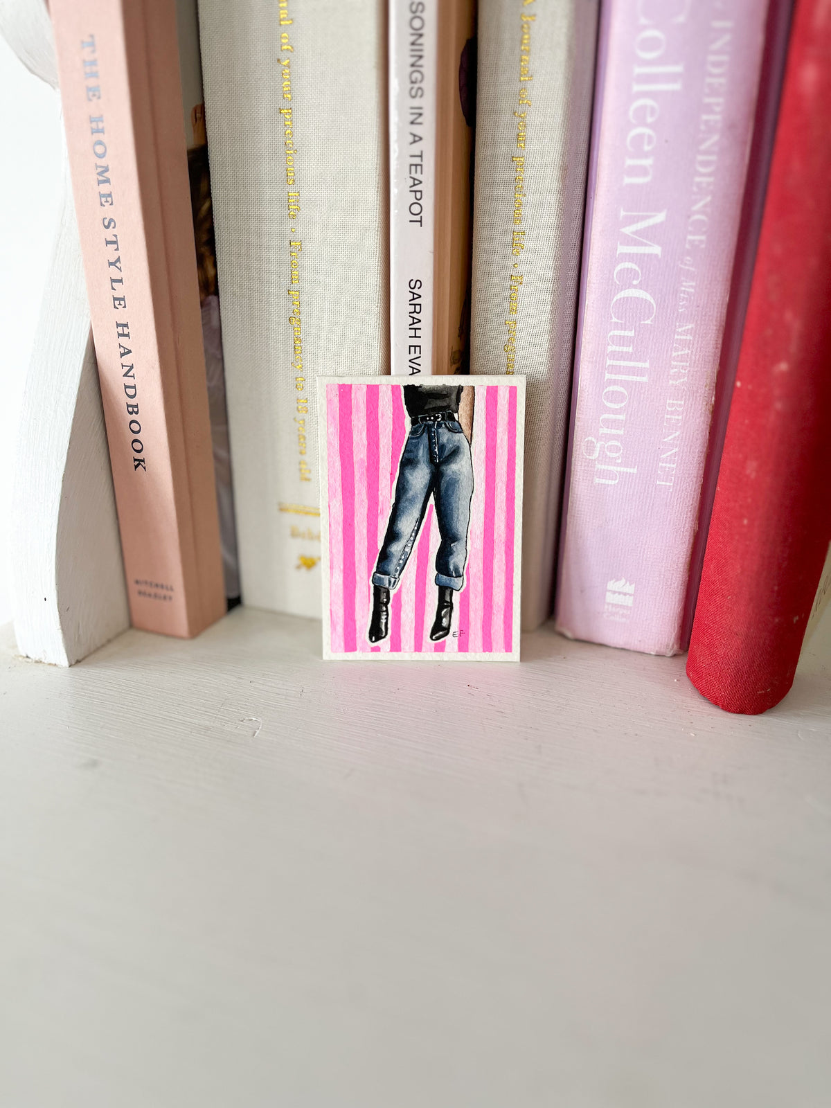 ACEO original mixed media art card - Jeans & fluro pink