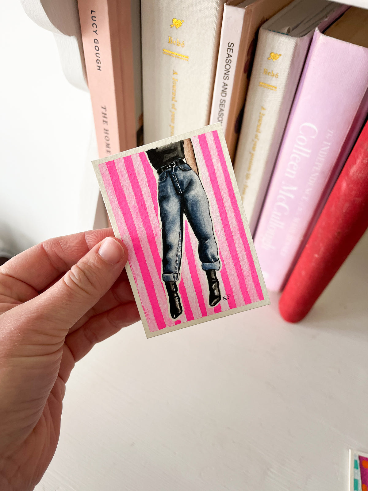 ACEO original mixed media art card - Jeans & fluro pink