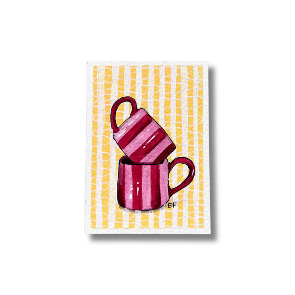 ACEO Original Mixed Media Art Card - Red & Pink Mugs