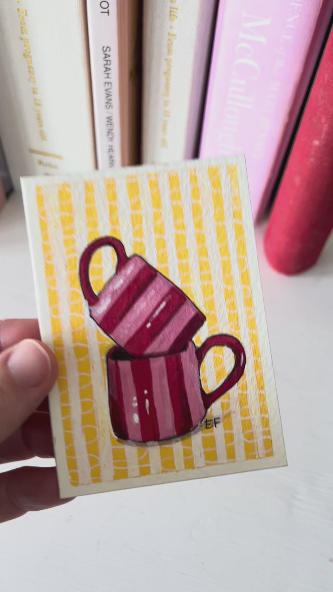 ACEO Original Mixed Media Art Card - Red & Pink Mugs